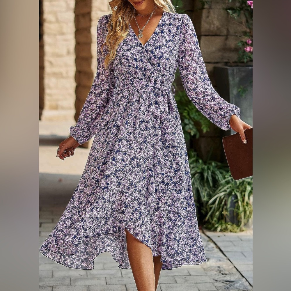 PRETTYGARDEN Floral Navy Dress Long Sleeve Wrap V Neck Size XXL